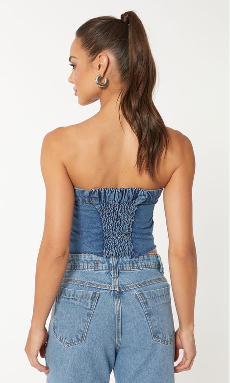 Cropped Corset Jeans com Lastex - Jeans Claro - Geração Moderna